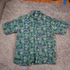 Silk Traders Button Shirt Mens Medium 100% Silk Short Sleeve Hawaiian Pocket